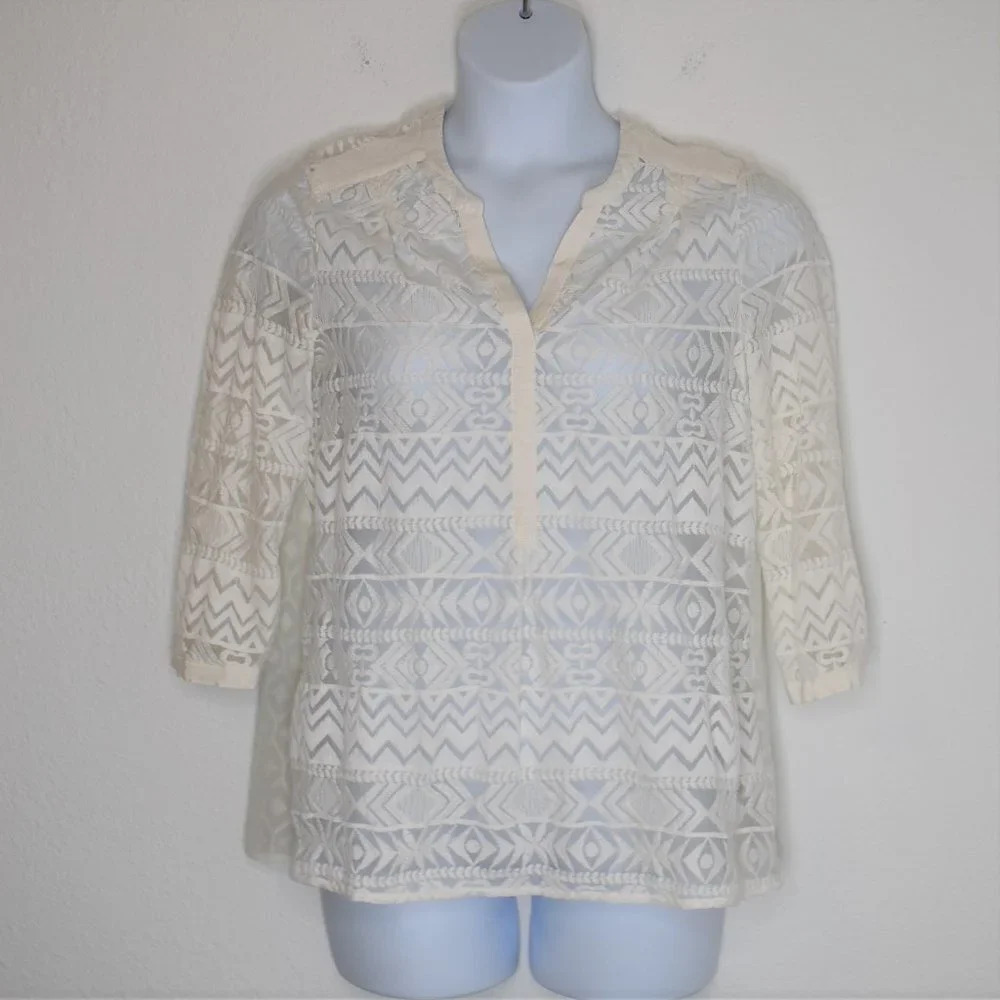 Anthropologie Embroidered Blouse Sz 12 3/4 Sleeve Neutral Boho Workwear